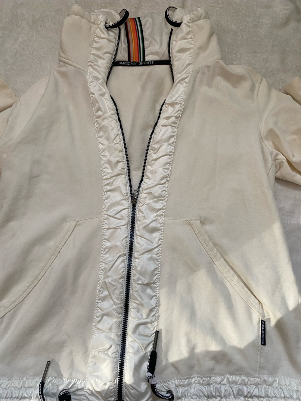 Marc Cain Cream Hooded Zip-Up Jacket with Contrast Trim